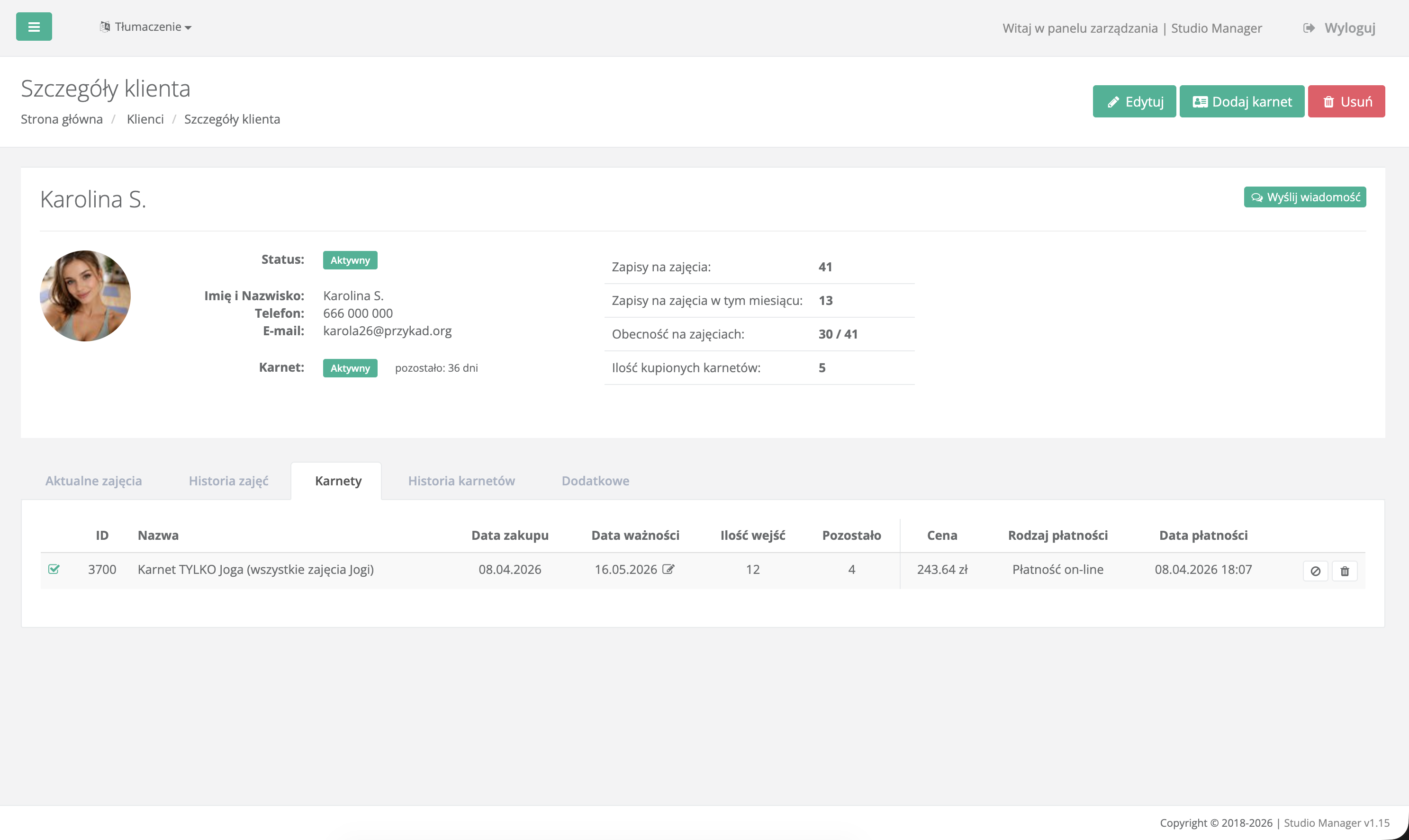 Panel karnetów Studio Manager